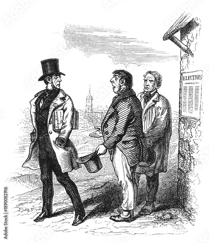 Obraz na plátně A top-hatted Victorian gentleman encountering two working-class men near election poster, showing 19th century social stratification, old vintage illustration, 1845