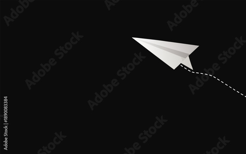 White Paper Airplane Flying on Black Background Minimal Design