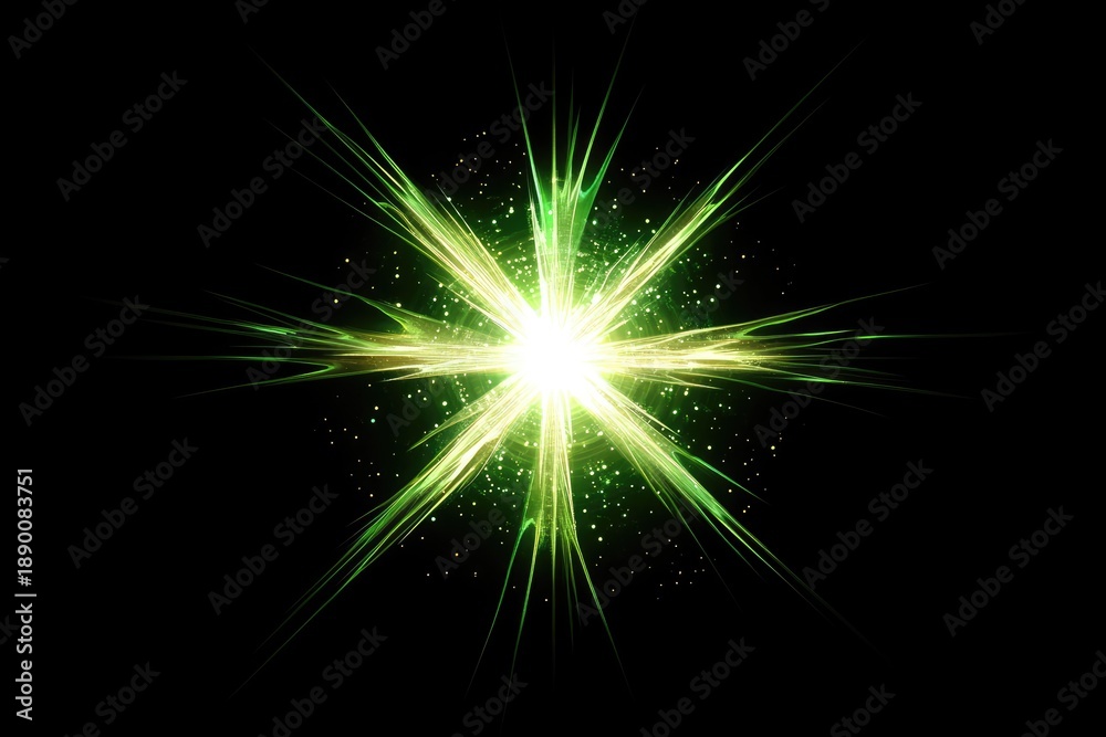 Obraz premium A lens flare with a glowing star on a black background, with green and yellow light rays.