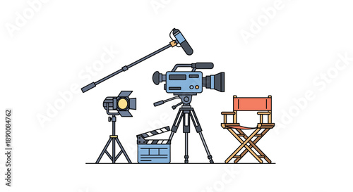 Filmmaking equipment including a vintage camera, boom microphone, spotlight, clapperboard, and director's chair, perfect for movie production concepts and creative ind...
