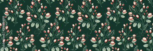 Seamless vector pattern with stylized branches, leaves, and berries in deep green tones. Elegant, decorative, and nature inspired, perfect for Christmas decor, holidays designs, textiles, wallpapers