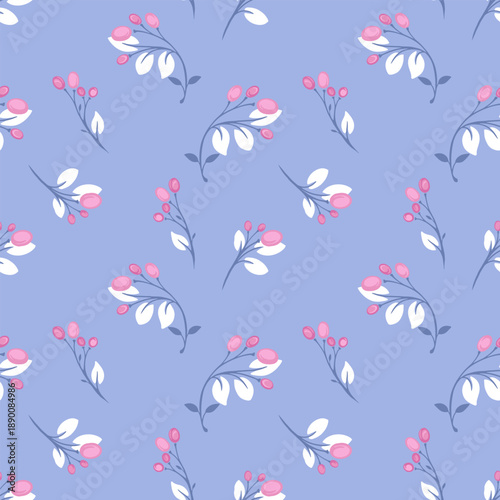 Seamless vector pattern with delicate berry branches on a pastel blue background. Soft pink and whitehues create an elegant botanical design, perfect for textiles, wallpapers, packaging,  stationery