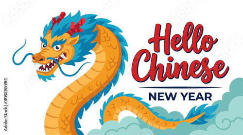 Hello Chinese New Year banner featuring a vibrant dragon, festive clouds, and bold typography