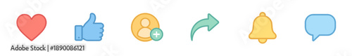 Description: Colorful flat line icons for social media and user interaction.