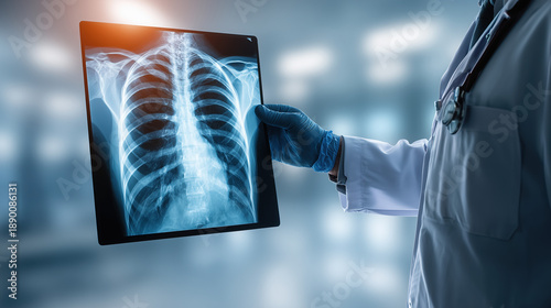 Doctor holding and examining chest x-ray film