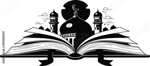 An open book with a mosque silhouette and cityscape in the background