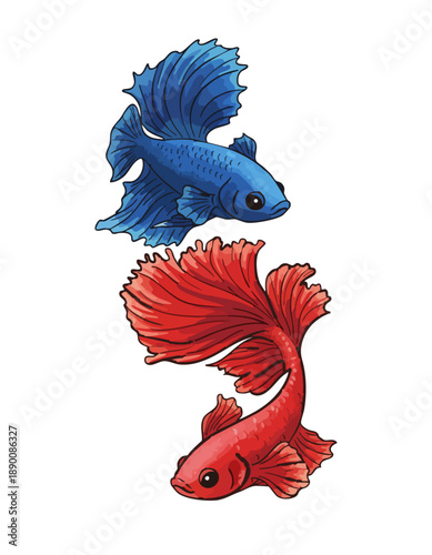 Two Colorful Betta Fish Illustration on White Background