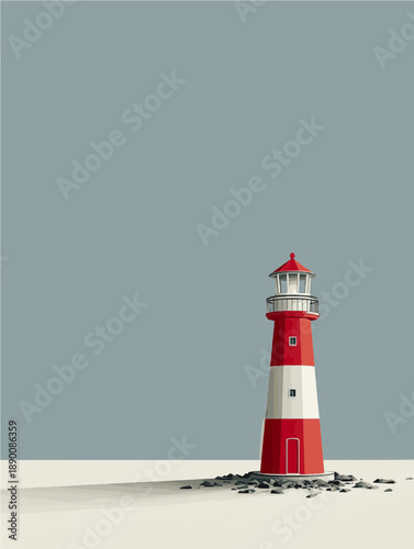 Bright red lighthouse stands tall on rocky shore under serene gray sky at dusk, guiding lost sailors home with its warm glow