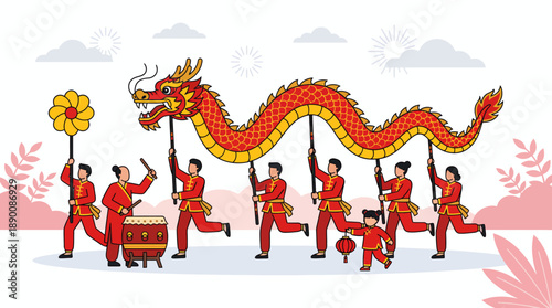 Vibrant Chinese dragon dance performance with drummers, dancers and spectators celebrating a cultural festival