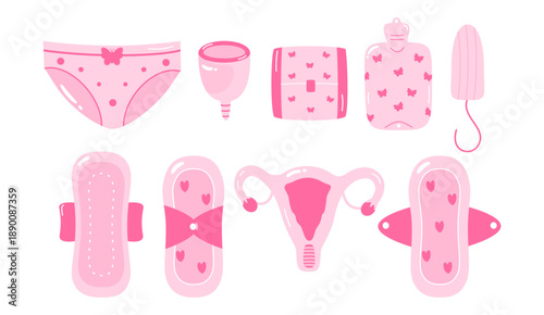 Feminine hygiene and menstrual care illustration set. Menstrual cup, sanitary pads, tampons, uterus, underwear and period essentials. Women health and menstruation concept. Flat vector illustration