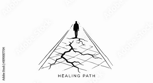 Lone figure walks on a cracked path towards a bright future, symbolizing healing and hope.