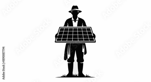 Farmer proudly holding a solar panel in a grassy field, symbolizing sustainable agriculture