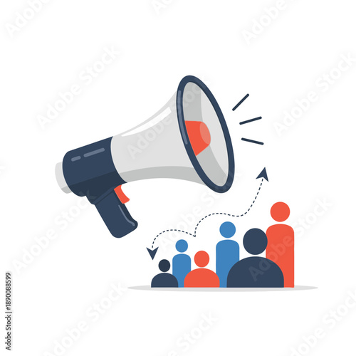 Megaphone projecting message to a diverse group of people illustrating marketing and communication strategies.