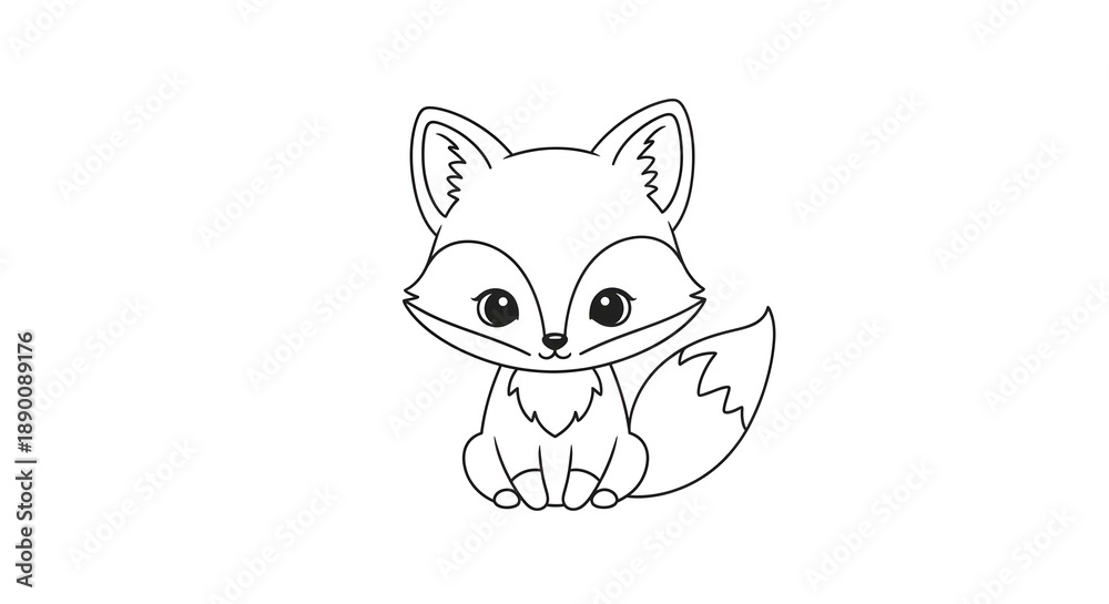 Obraz premium Black and white outline illustration of a cute sitting fox, perfect for children's coloring pages, crafts, or educational materials.