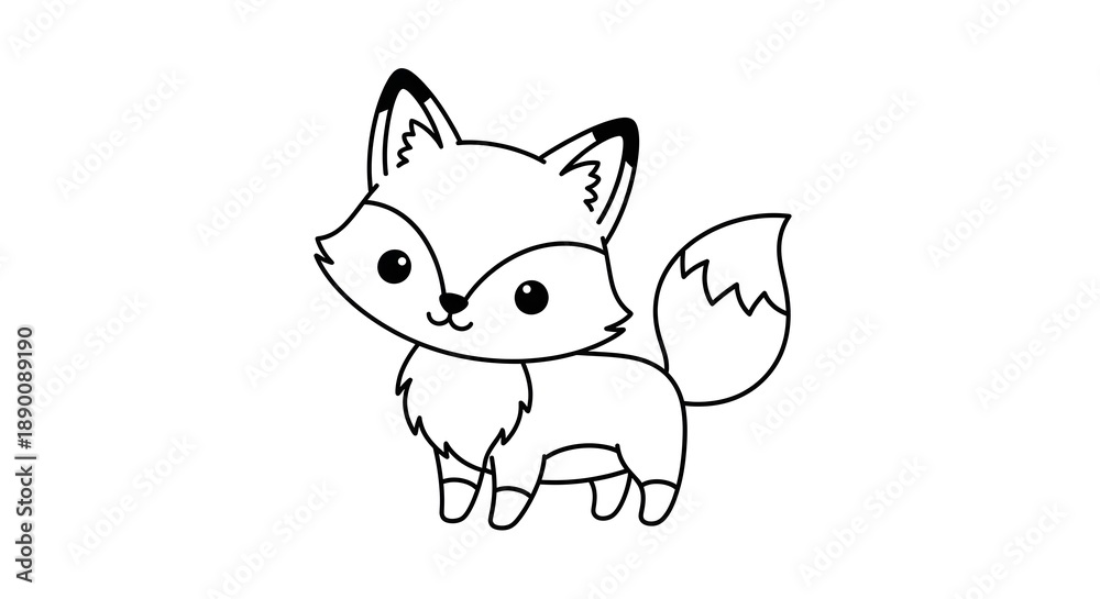 Obraz premium Clean black and white outline of a standing fox with simple details, suitable for children's books, icons, and coloring activities.
