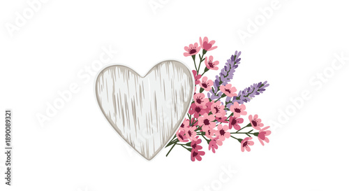 Rustic wooden heart adorned with a charming bouquet of pink and lavender flowers, creating a warm and inviting decorative element.