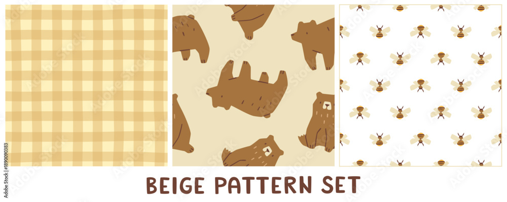 Fototapeta premium Beige doodle pattern set. Cartoon seamless cozy print collection.