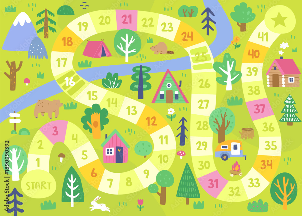 Fototapeta premium Board game with woodland path. Doodle camping mini game for kids with summer landscape.