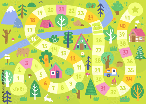 Board game with woodland path. Doodle camping mini game for kids with summer landscape.