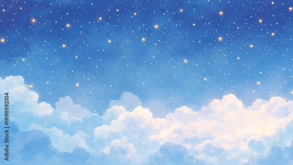 Fototapeta premium 青い夜空と雲のファンタジー背景 星が輝くイラスト