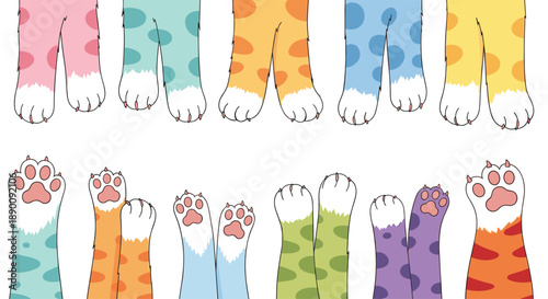 Playful arrangement of colorful cat legs and paws in pastel shades, with dotted patterns and striped accents, symbolizing joyful movement and feline charm.