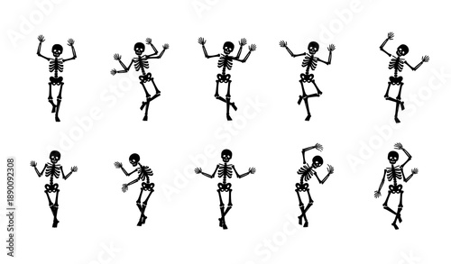 Minimal dancing skeleton silhouette icons Halloween vector set