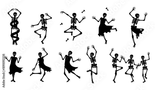 Dynamic dancing skeleton silhouettes Halloween bones vector icon set