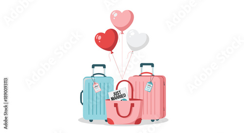 Blue and pink suitcases with a pink handbag and heart-shaped balloons, suggesting a honeymoon or romantic travel for a married couple.