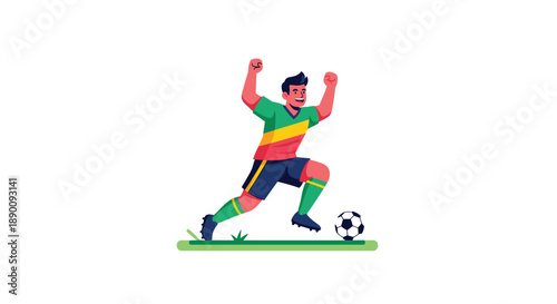 Excited male soccer player in a colorful jersey celebrating a goal while dribbling a soccer ball on a grassy field.
