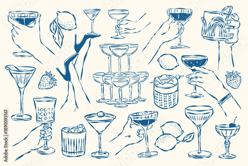 Minimalist hand-drawn popular cocktail vector illustrations in sketch style for greeting cards, wedding invites, posters, branding, logo design, backgrounds, and modern creative projects.