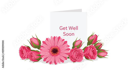 Beautiful pink gerbera daisy and roses surrounding a 'Get Well Soon' card, offering comfort and wishes for recovery with floral elegance and gentle sentiment.