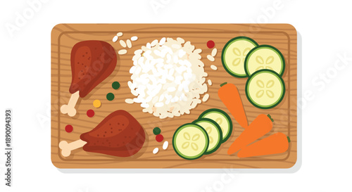 Top-down view of a wooden board with a delicious meal of fried chicken legs, fluffy white rice, sliced cucumbers, and carrots, a simple and appealing dish.