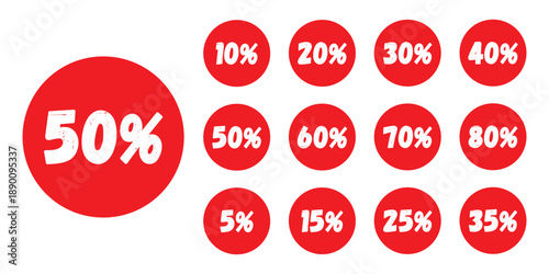 Big deal for Special offer discount on red rounded tags with different value percent off 10, 20, 30, 40, 50, 60, 70, 5, 15, 25, Beautiful percentage icon sign. 