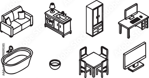 Isometric furniture vector set: couch, sink, wardrobe, desk, bathtub, bowl, dining table, tv eps silhouette