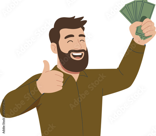 Happy bearded man holding cash money and showing thumbs up, financial success concept isolated on white background