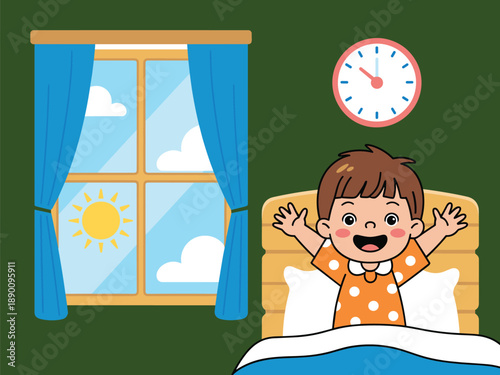 Happy boy waking up in the morning, cheerful child stretching in bed, sunny day through window, bright bedroom cartoon illustration