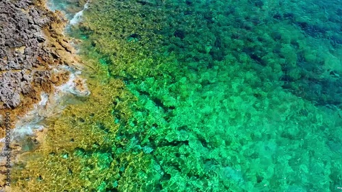 Aerial Drone View of Porto Roxa Beach in Zakynthos, Greece - Crys...