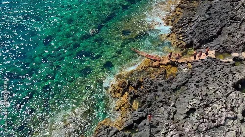 Aerial drone view of Porto Roxa Beach rocky coastline, Zakynthos,...