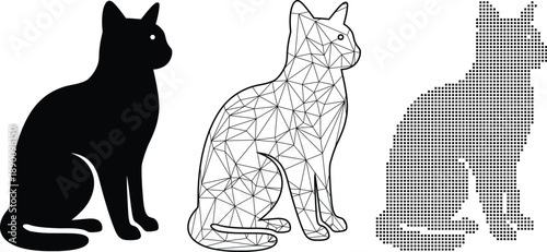 Black Cat Silhouette, Low Poly, and Pixel Art Vector Set