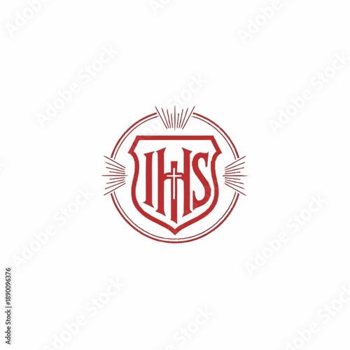 IHS Christogram religious symbol in a shield with rays, vector illustration.