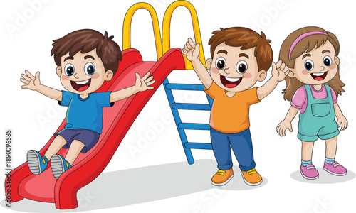 Happy kids playing on playground slide, cheerful children having fun outdoors, cartoon illustration, playtime activity, smiling friends enjoying recreational play