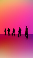 Vivid artwork of 4 models. Business crowd walking across abstract gradient space. Concept of career movement, corporate direction, professional transition, modern workforce, business environment.