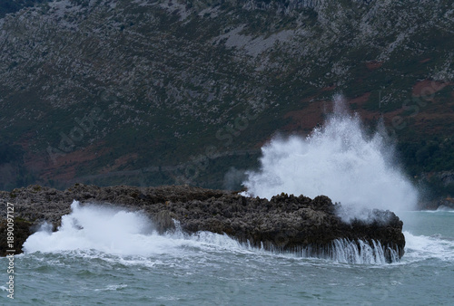 Bufones de Islares, storm and high waves in the Cantabrian Sea in Islares, in the municipality of Castro Urdiales. Cantabria, Spain, Europe