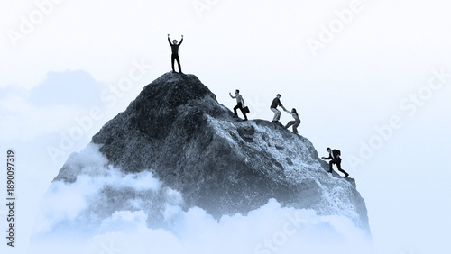 Photos Graphic composition of business team climbing mountain toward peak