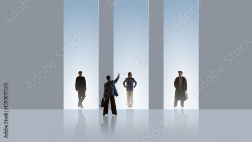 Fotografia Structured composition of professionals standing inside vertical light frames