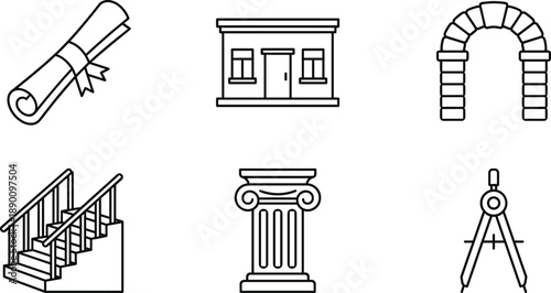 Architectural education and classical design line icons set featuring diploma, building, archway, staircase, column, and drafting compass in outline style