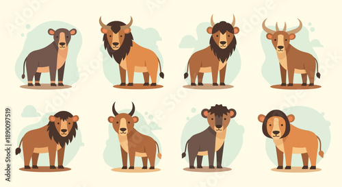 Collection of Cartoon Wild Animals Including Lions and Antelopes.