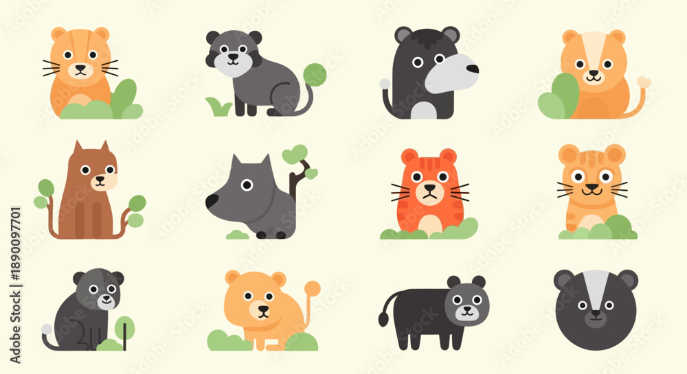 Naklejka premium Collection of Cartoon Animal Faces and Figures.