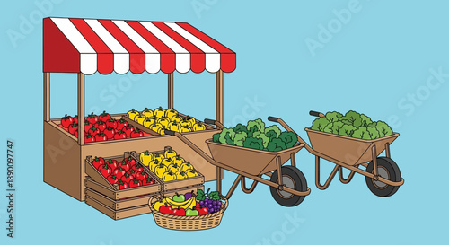 Colorful fruit and vegetable market stall with fresh produce.