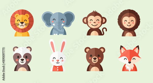Cartoon animal faces collection with various species.